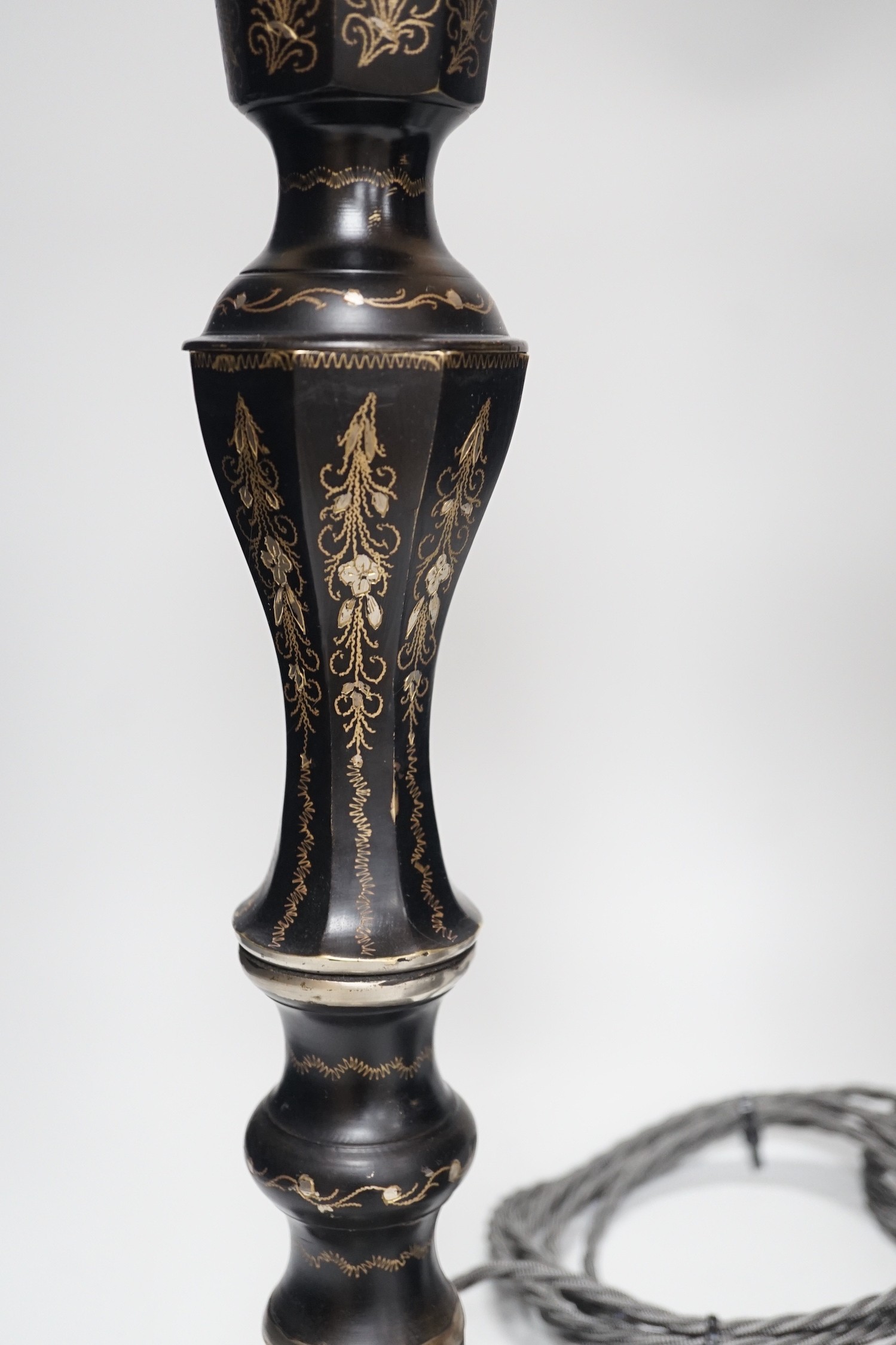A near pair of Indian Bidri ware table lamps, 60cm total height